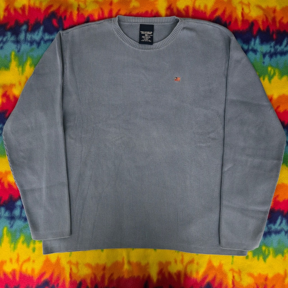 Vintage Polo Jeans Co Ralph Lauren Ribbed Sweater Blue XL American Flag Logo